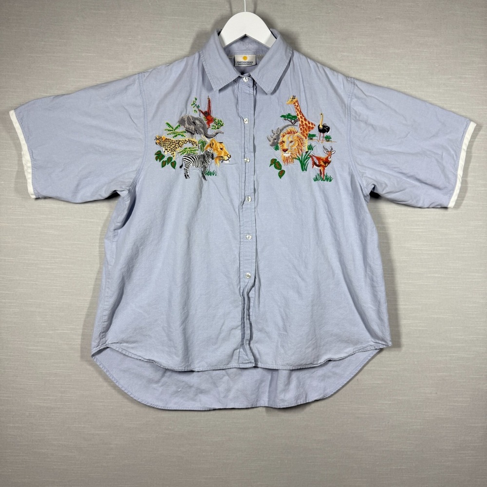 Vintage Smithsonian Denim Shirt Womens XL Blue‎ Embroidered Wild Animals Africa